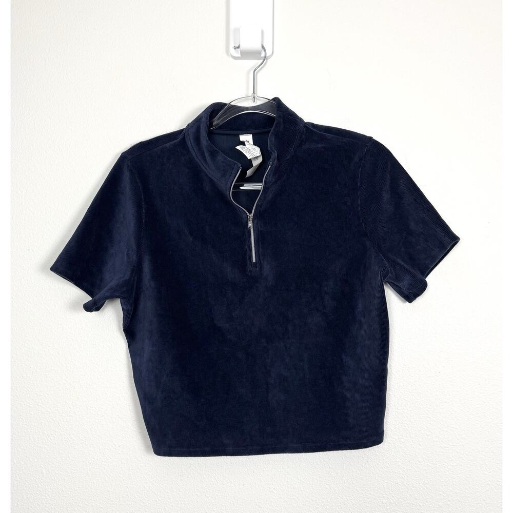 Alo Sweatshirt Cropped Micro Corduroy Winter Break Mock Neck Top Navy - Large - Picture 3 of 7